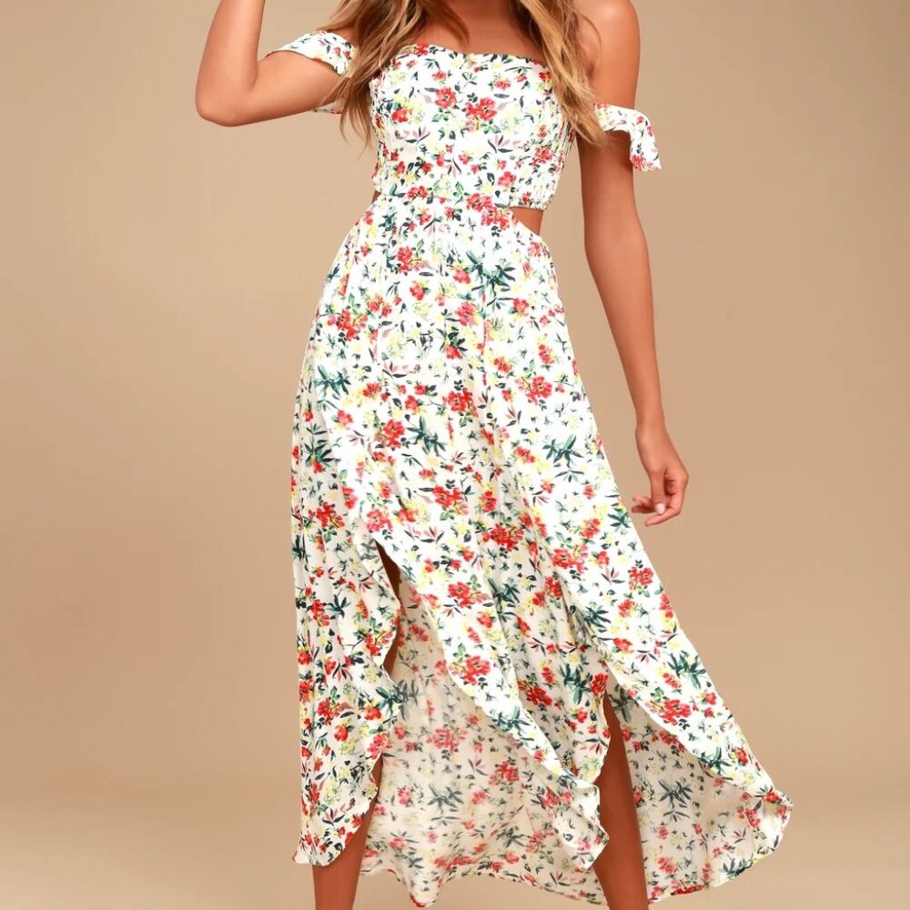 Easy on the Eyes Cream Floral Print Off-the-Shoulder Maxi Dress - Size L